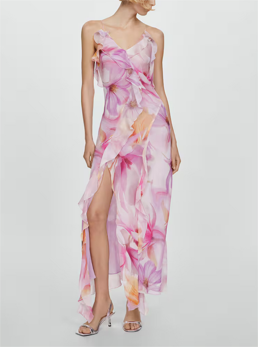 Women Ruffled Floral Print Strap Maxi Dress - Venus Trendy Fashion Online