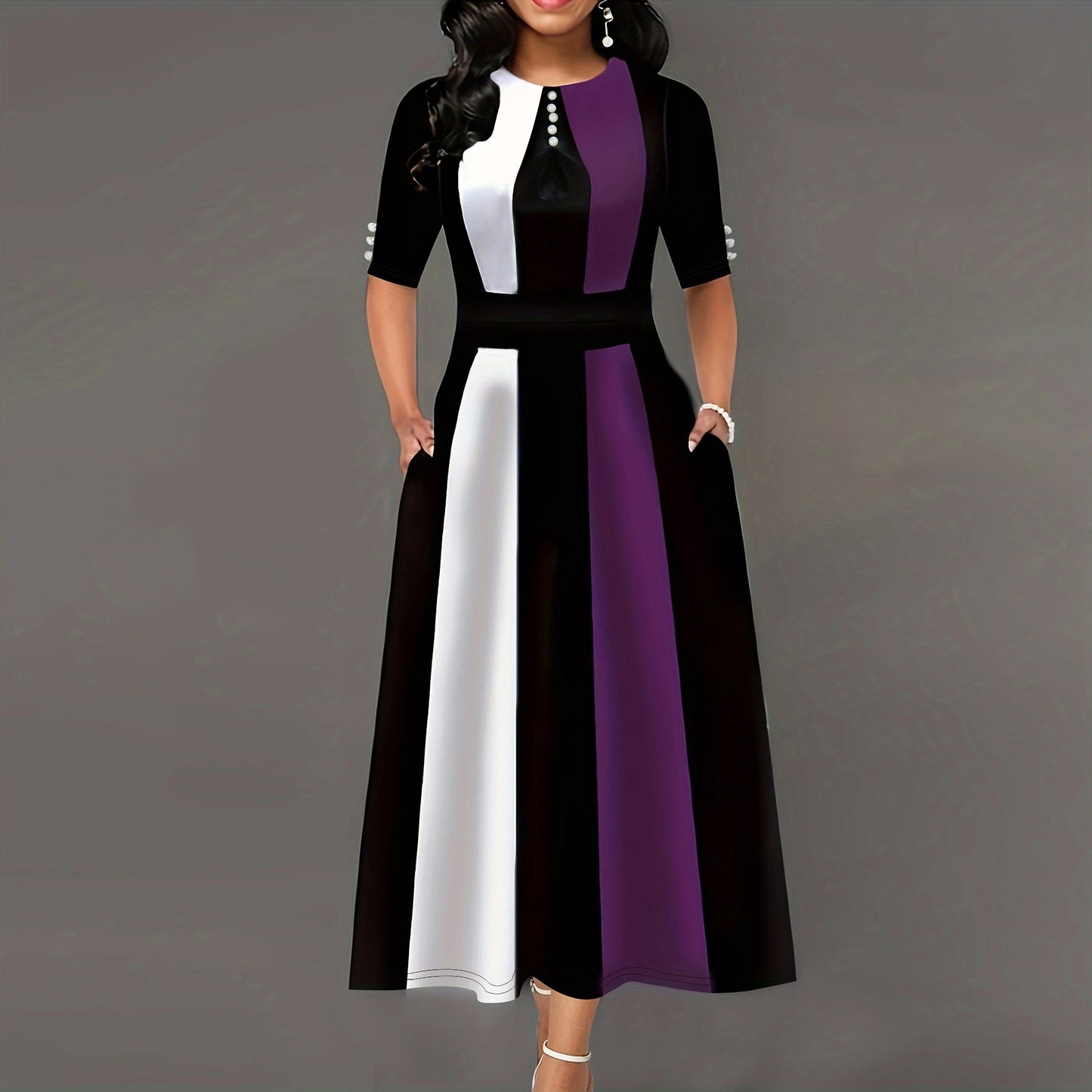Women High Waist Button Elegant Contrast Dress