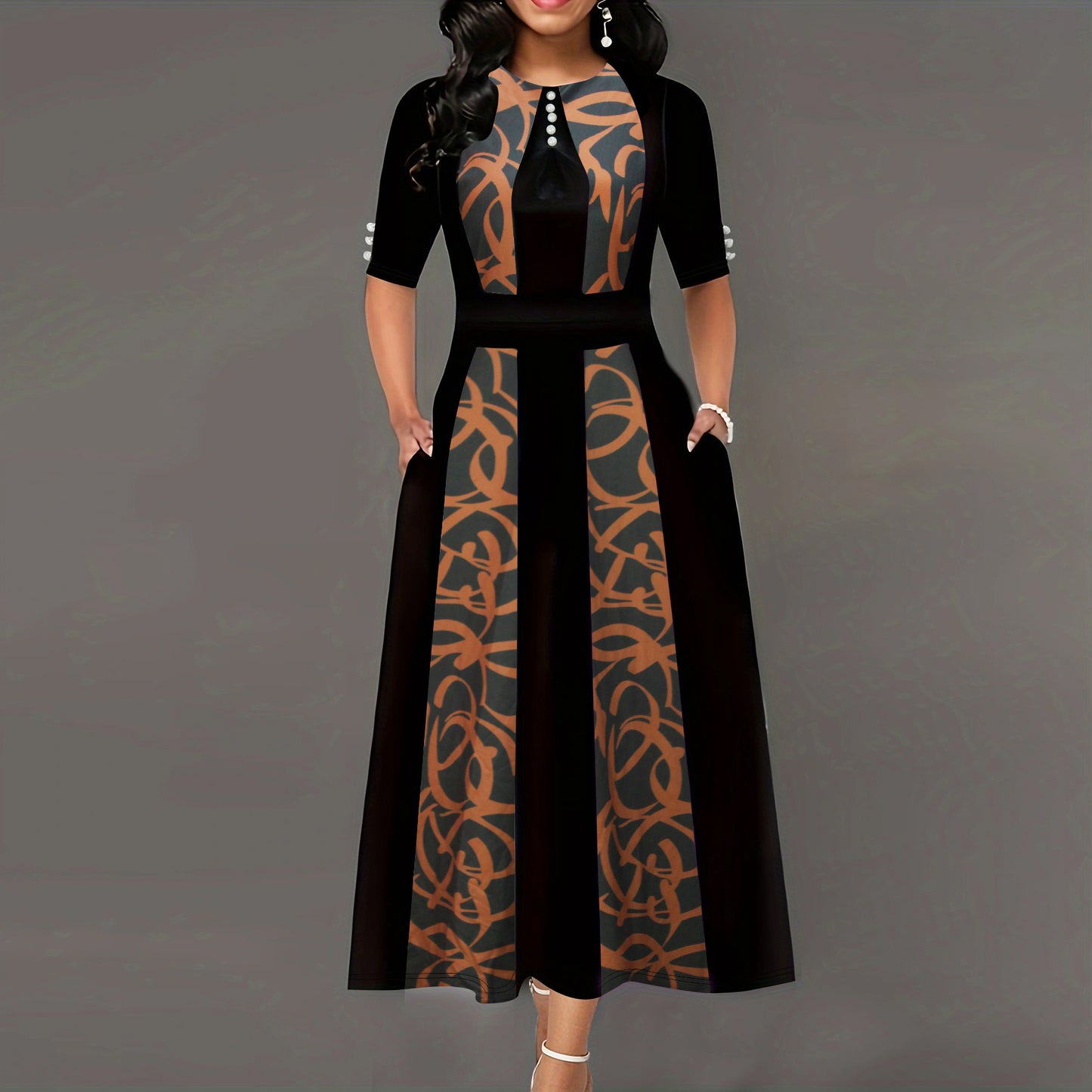 Women High Waist Button Elegant Contrast Dress