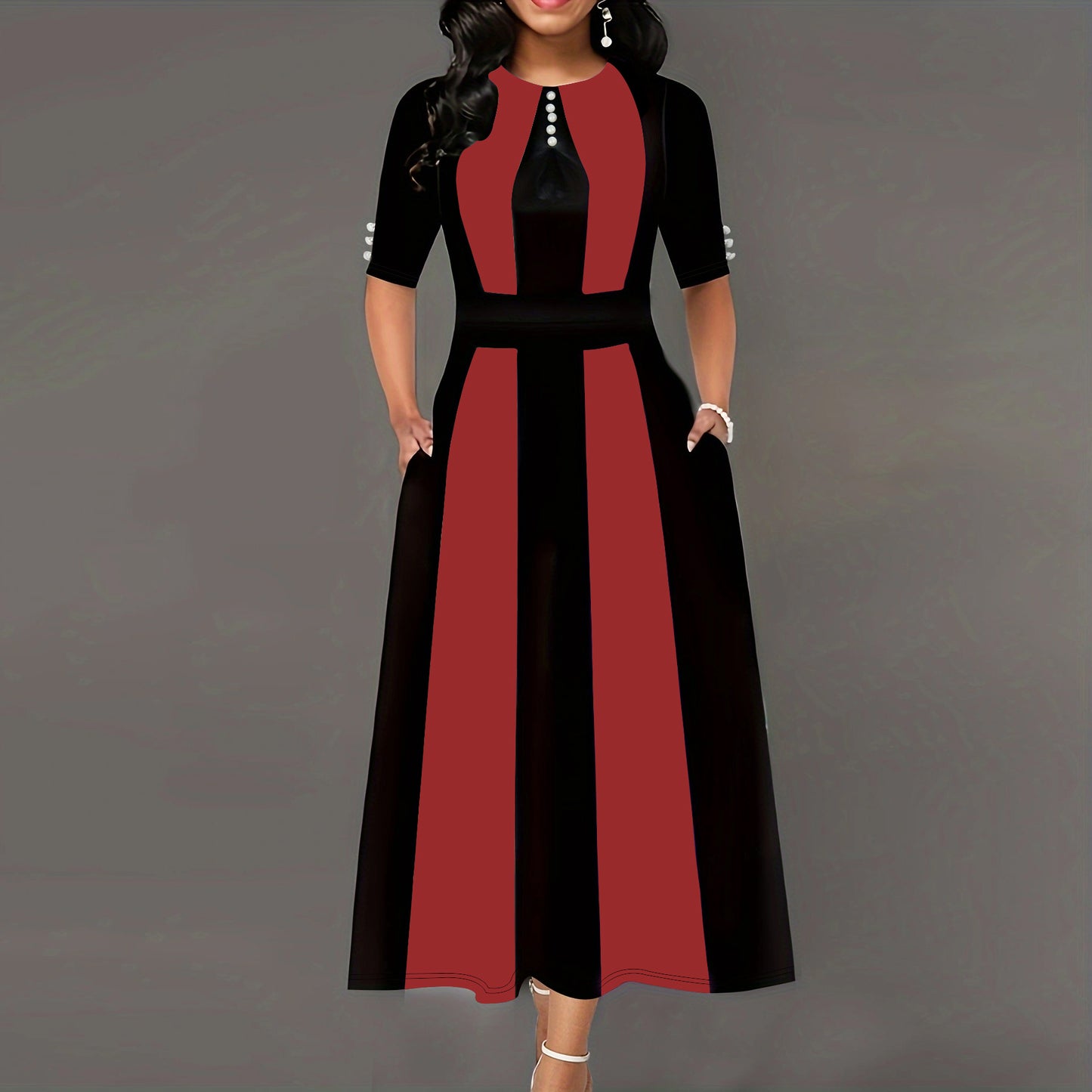 Women High Waist Button Elegant Contrast Dress
