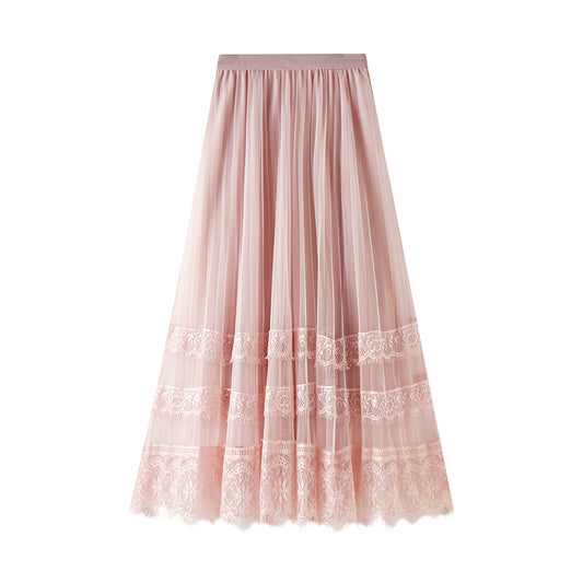 Spring Korean High Waist Lace Patchwork Tulle Skirt