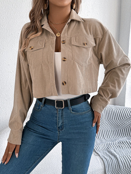 Casual Pocket Long Sleeve Corduroy Short Jacket
