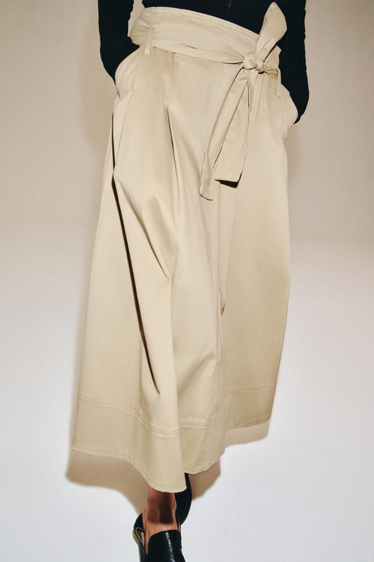 Women Mid Waist Belt Pleated Midi Skirt