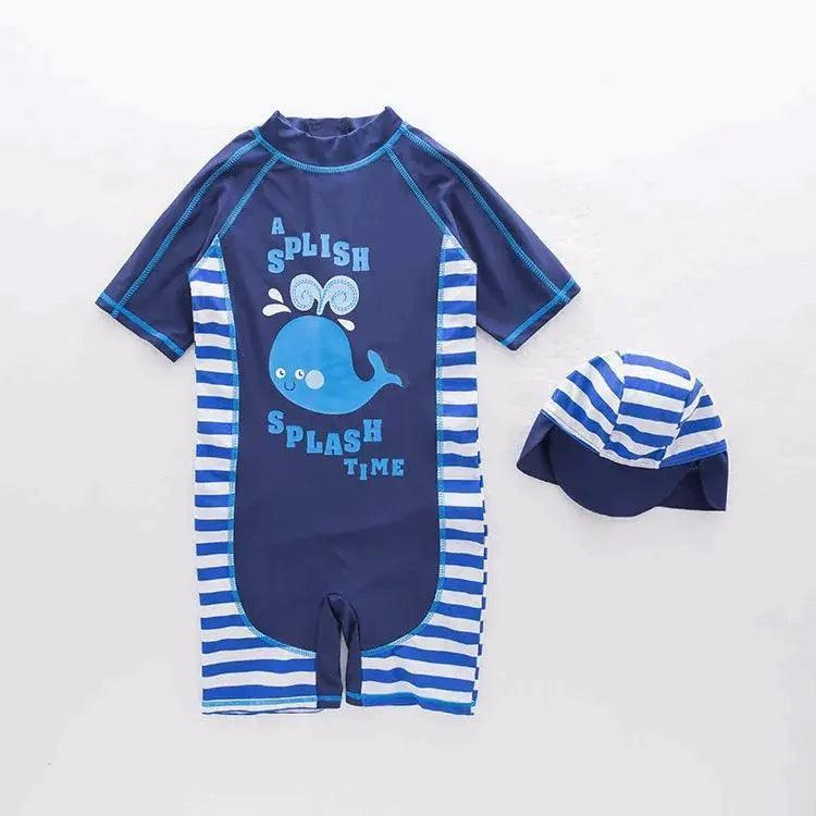 2 Pcs Boys Cute Whale Printed Short Sleeves One-Piece Swimwear And Cap - Venus Trendy Fashion Online