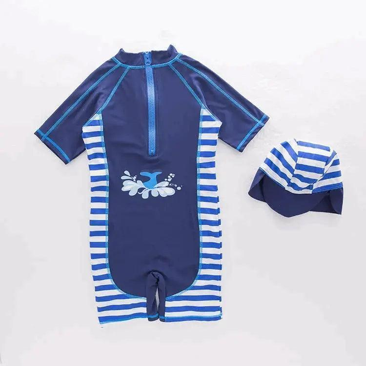 2 Pcs Boys Cute Whale Printed Short Sleeves One-Piece Swimwear And Cap - Venus Trendy Fashion Online