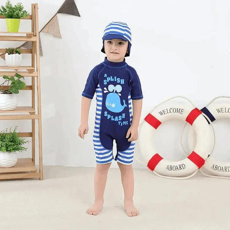 2 Pcs Boys Cute Whale Printed Short Sleeves One-Piece Swimwear And Cap - Venus Trendy Fashion Online