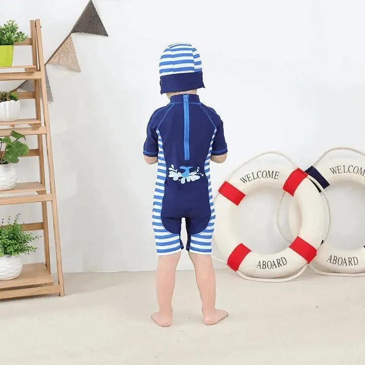 2 Pcs Boys Cute Whale Printed Short Sleeves One-Piece Swimwear And Cap - Venus Trendy Fashion Online