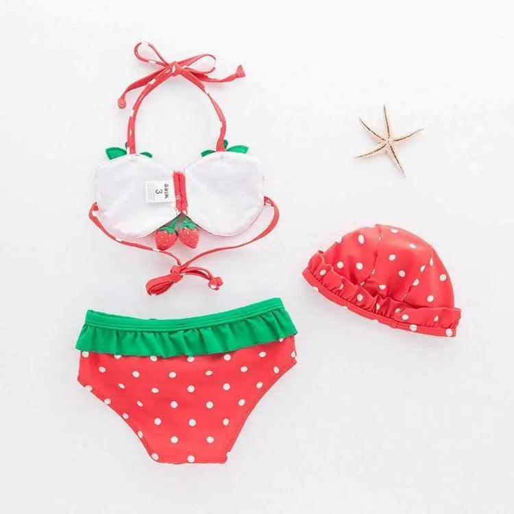 3 Pcs Girl Strawberry Pattern Halterneck Swimsuit And Bathing Cap - Venus Trendy Fashion Online