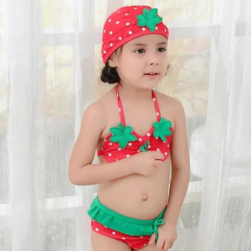 3 Pcs Girl Strawberry Pattern Halterneck Swimsuit And Bathing Cap - Venus Trendy Fashion Online