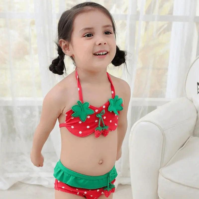 3 Pcs Girl Strawberry Pattern Halterneck Swimsuit And Bathing Cap - Venus Trendy Fashion Online
