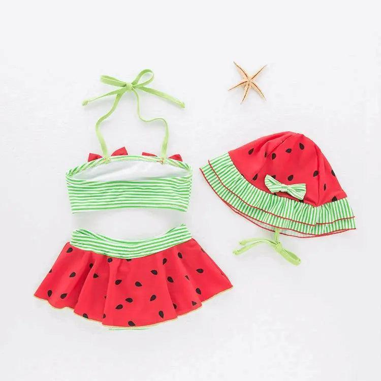 3 Pcs Girl Watermelon Pattern Swimsuit And Bathing Cap - Venus Trendy Fashion Online