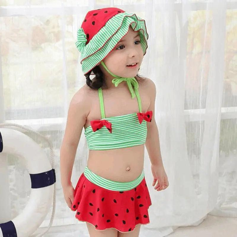 3 Pcs Girl Watermelon Pattern Swimsuit And Bathing Cap - Venus Trendy Fashion Online