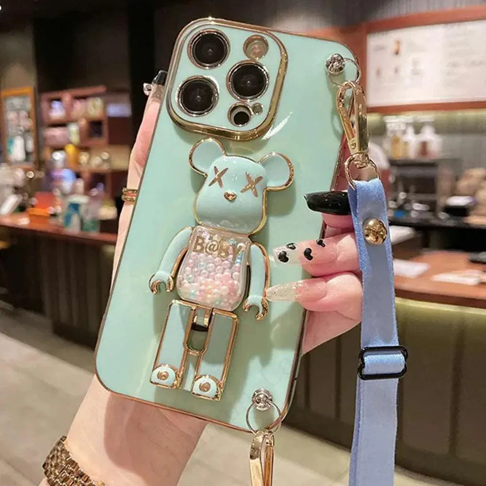 3D Quicksand Bear Holder Bracelet Strap Lanyard Phone Case For iphone - Venus Trendy Fashion Online