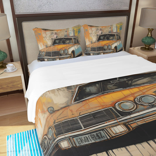 a bed with a painting of a car on it