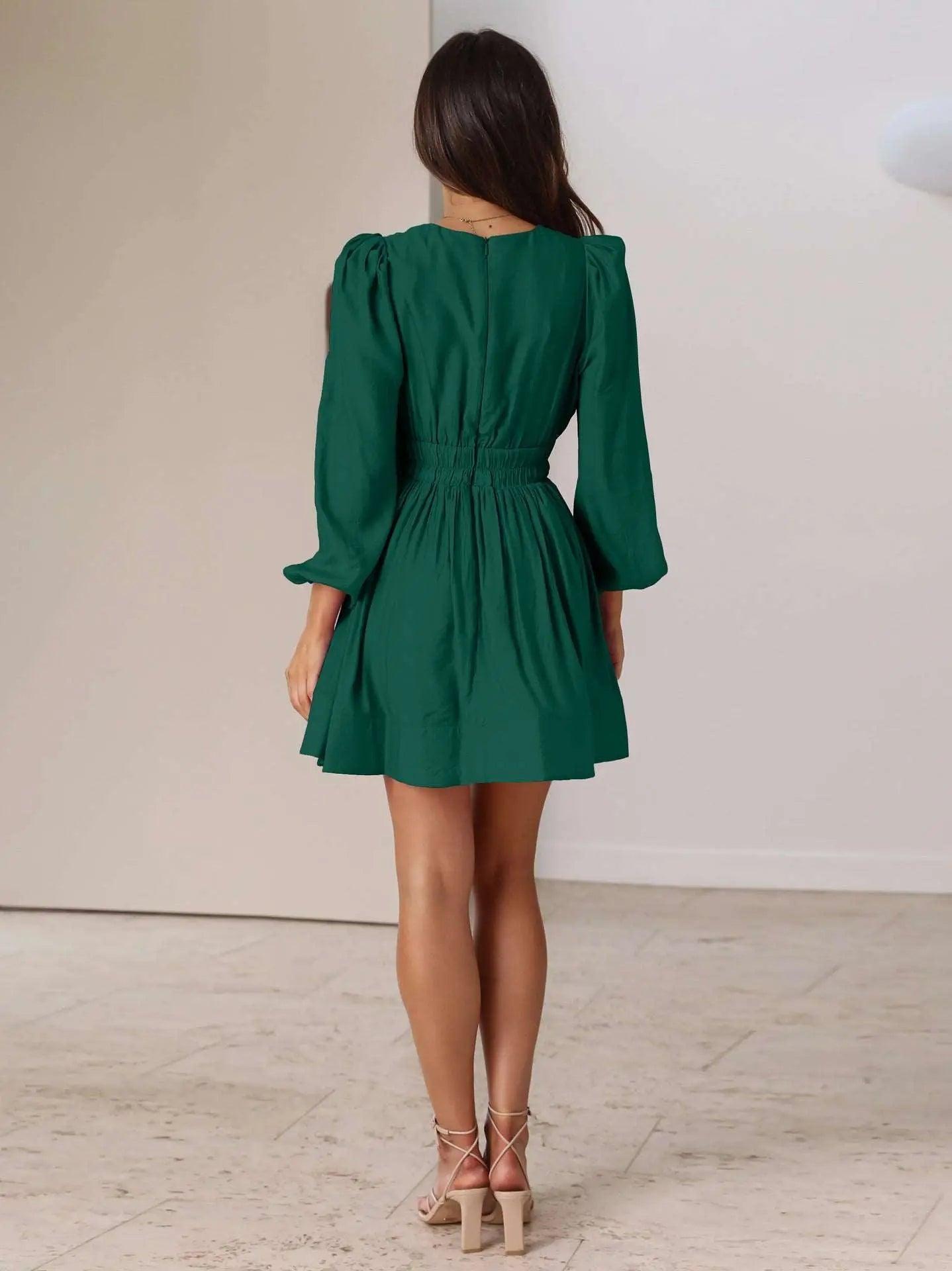 Autumn Winter Dress Women Clothing V neck Mid Length Dress Pleated Ruffled French Dress Dress - Venus Trendy Fashion Online