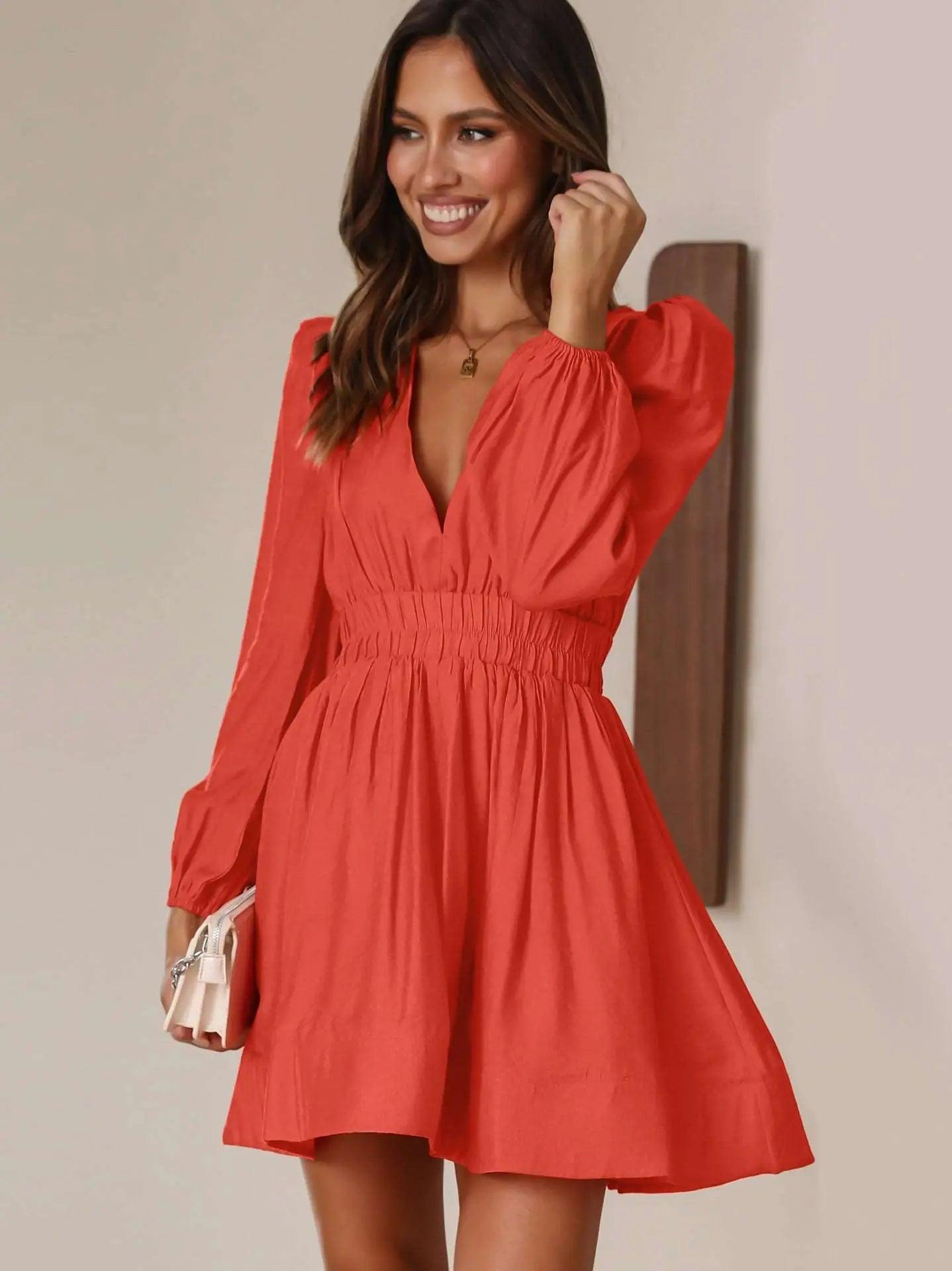 Autumn Winter Dress Women Clothing V neck Mid Length Dress Pleated Ruffled French Dress Dress - Venus Trendy Fashion Online