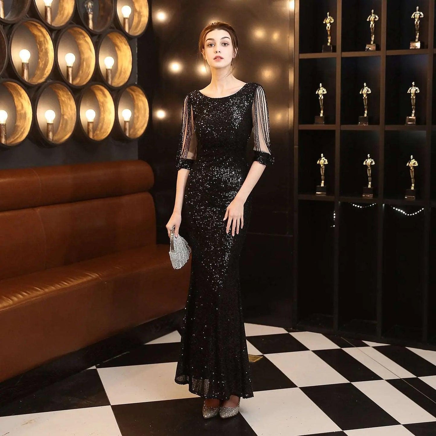 Banquet Elegant Long Long Sleeve Sequined Atmosphere Queen Fishtail Evening Dress Formal Gown - Venus Trendy Fashion Online