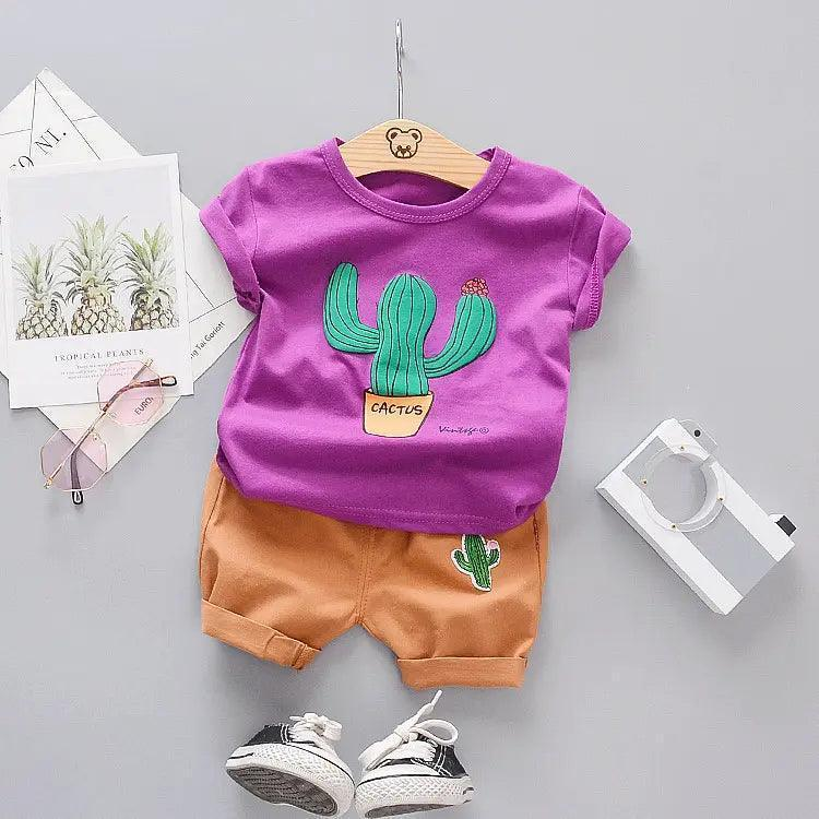 Boys Fashion Cactus Print Short Sleeve Shorts Two Piece Set - Venus Trendy Fashion Online