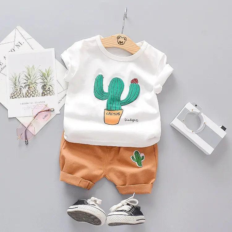 Boys Fashion Cactus Print Short Sleeve Shorts Two Piece Set - Venus Trendy Fashion Online