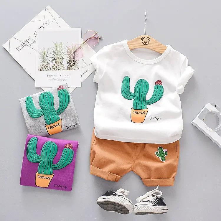 Boys Fashion Cactus Print Short Sleeve Shorts Two Piece Set - Venus Trendy Fashion Online