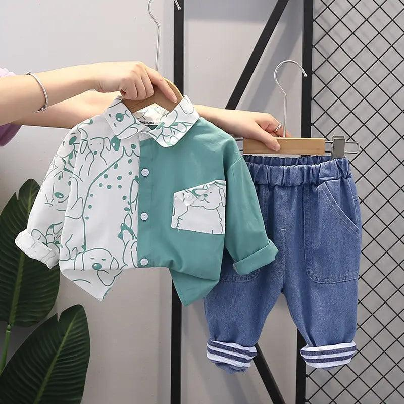 Boys Long Sleeve Puppy Print Color Matching Shirt And Pants 2pcs Set - Venus Trendy Fashion Online