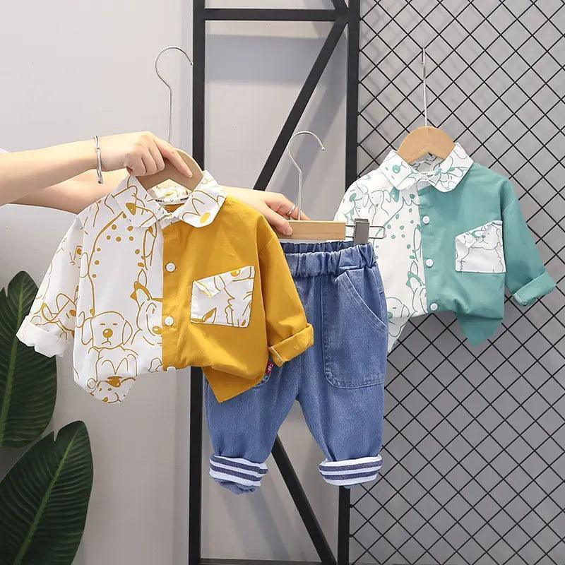 Boys Long Sleeve Puppy Print Color Matching Shirt And Pants 2pcs Set - Venus Trendy Fashion Online