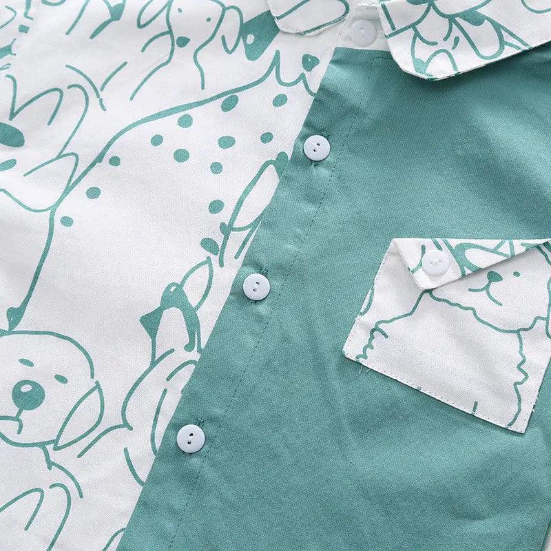 Boys Long Sleeve Puppy Print Color Matching Shirt And Pants 2pcs Set - Venus Trendy Fashion Online