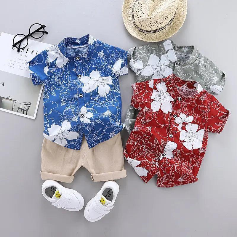 Boys Short Sleeve Floral Print Shirt And Shorts 2pcs Set - Venus Trendy Fashion Online
