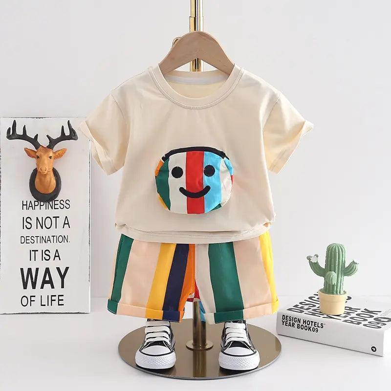 Boys Short Sleeve Strip Pocket T-Shirt And Shorts 2pcs Set - Venus Trendy Fashion Online