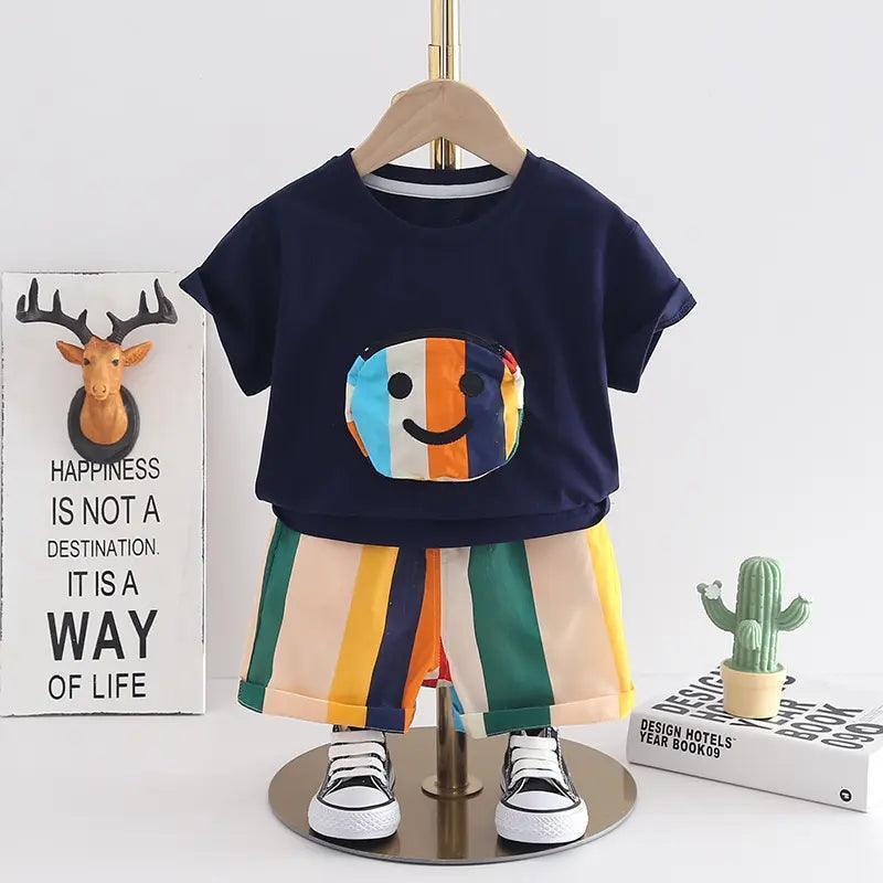 Boys Short Sleeve Strip Pocket T-Shirt And Shorts 2pcs Set - Venus Trendy Fashion Online