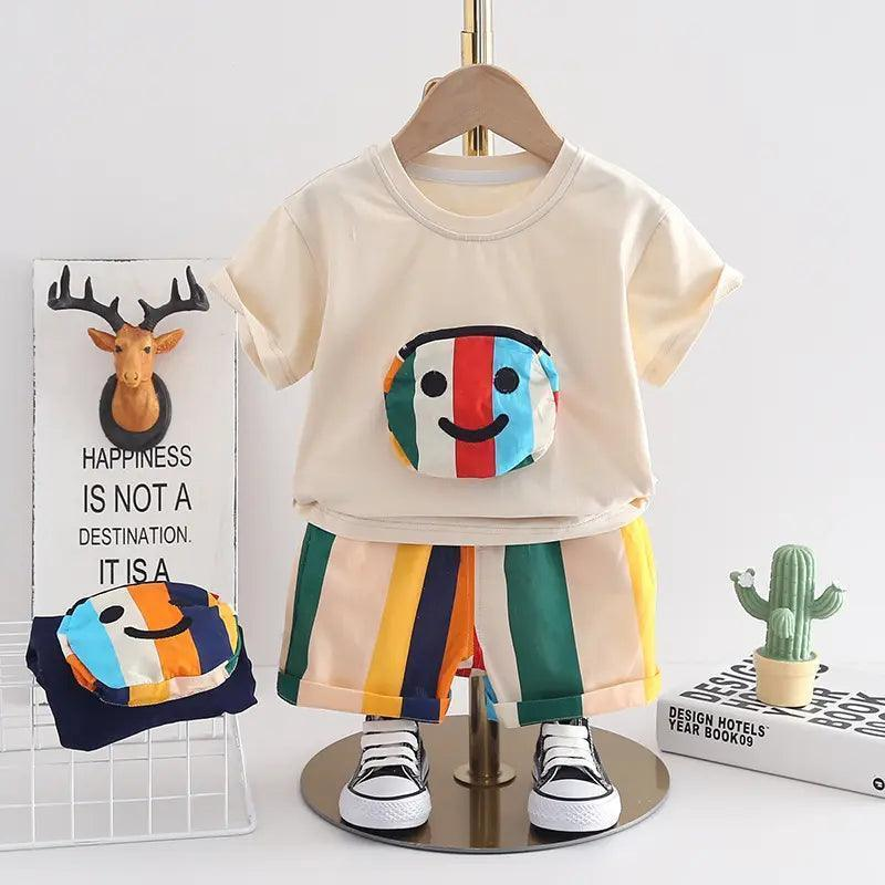 Boys Short Sleeve Strip Pocket T-Shirt And Shorts 2pcs Set - Venus Trendy Fashion Online