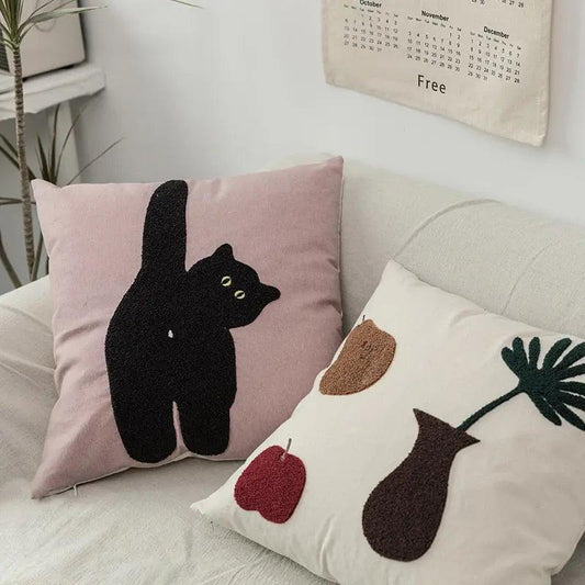 Cheeky Cat & Monstera Leaf Embroidered Cushion Cover - Venus Trendy Fashion Online
