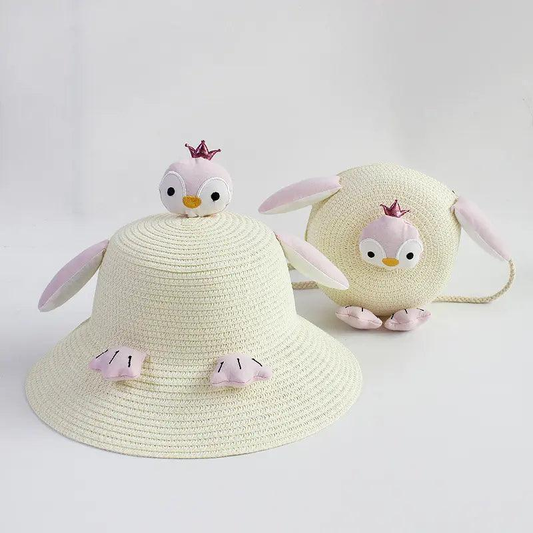 Children Kids Baby Fashion Girls Cartoon Penguin Woven Straw Shoulder Bag And Hat - Venus Trendy Fashion Online