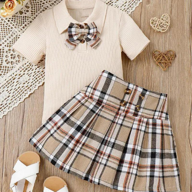 Children Kids Toddlers Fashion Girls Basic Casual Short Sleeve Lapel Bow Top And Plaid Skirt 2pcs Set - Venus Trendy Fashion Online