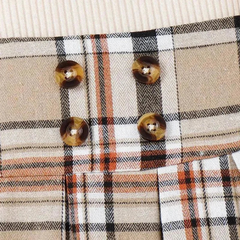 Children Kids Toddlers Fashion Girls Basic Casual Short Sleeve Lapel Bow Top And Plaid Skirt 2pcs Set - Venus Trendy Fashion Online
