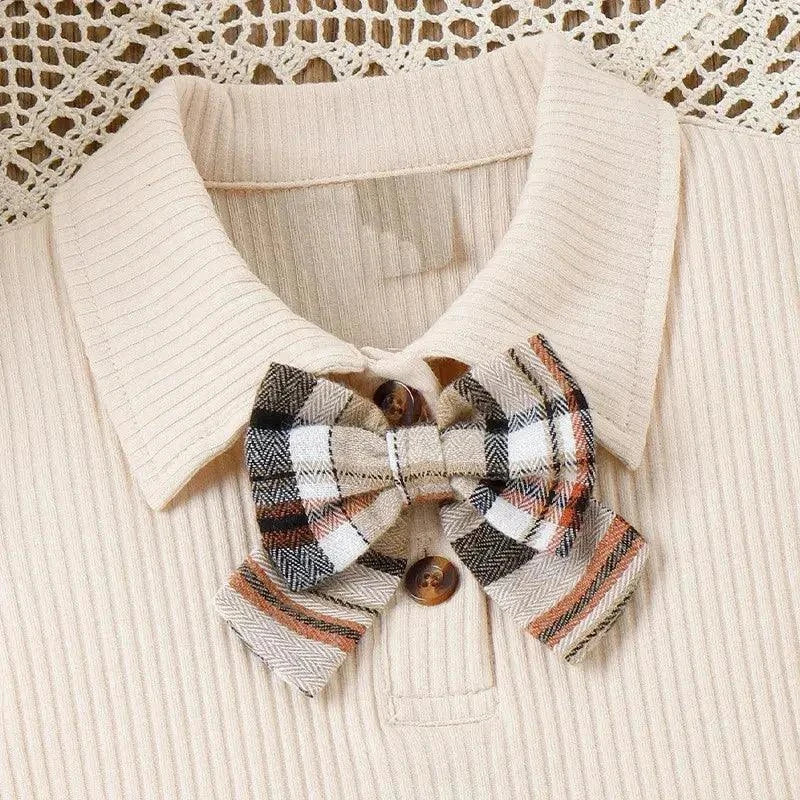 Children Kids Toddlers Fashion Girls Basic Casual Short Sleeve Lapel Bow Top And Plaid Skirt 2pcs Set - Venus Trendy Fashion Online