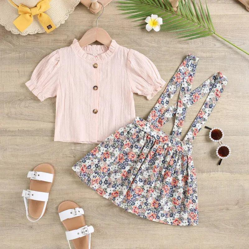 Children Kids Toddlers Fashion Girls Solid Color Short Sleeve Top And Flower Strap Skirt 2pcs Set - Venus Trendy Fashion Online