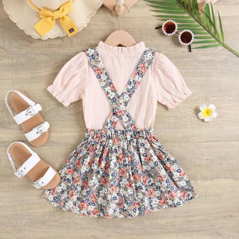 Children Kids Toddlers Fashion Girls Solid Color Short Sleeve Top And Flower Strap Skirt 2pcs Set - Venus Trendy Fashion Online