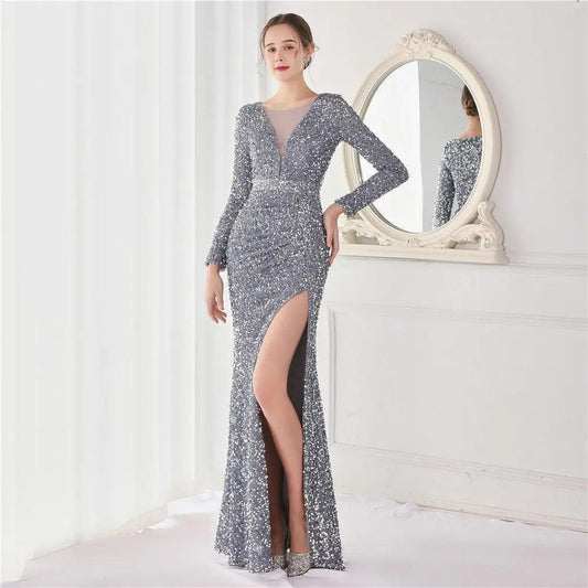 Cocktail Elegant Long Long Sleeve Sequined Atmosphere Fishtail Evening Dress - Venus Trendy Fashion Online