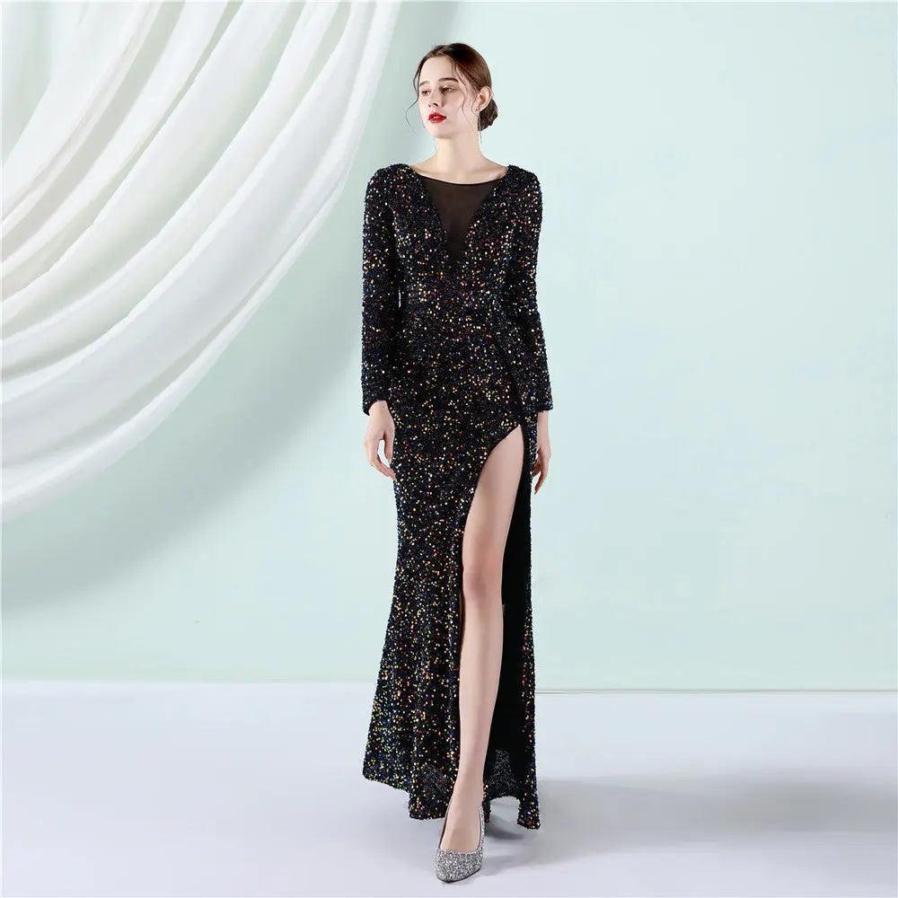 Cocktail Elegant Long Long Sleeve Sequined Atmosphere Fishtail Evening Dress - Venus Trendy Fashion Online