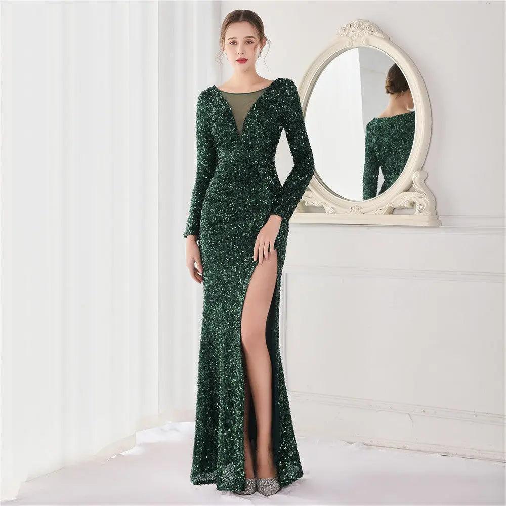 Cocktail Elegant Long Long Sleeve Sequined Atmosphere Fishtail Evening Dress - Venus Trendy Fashion Online