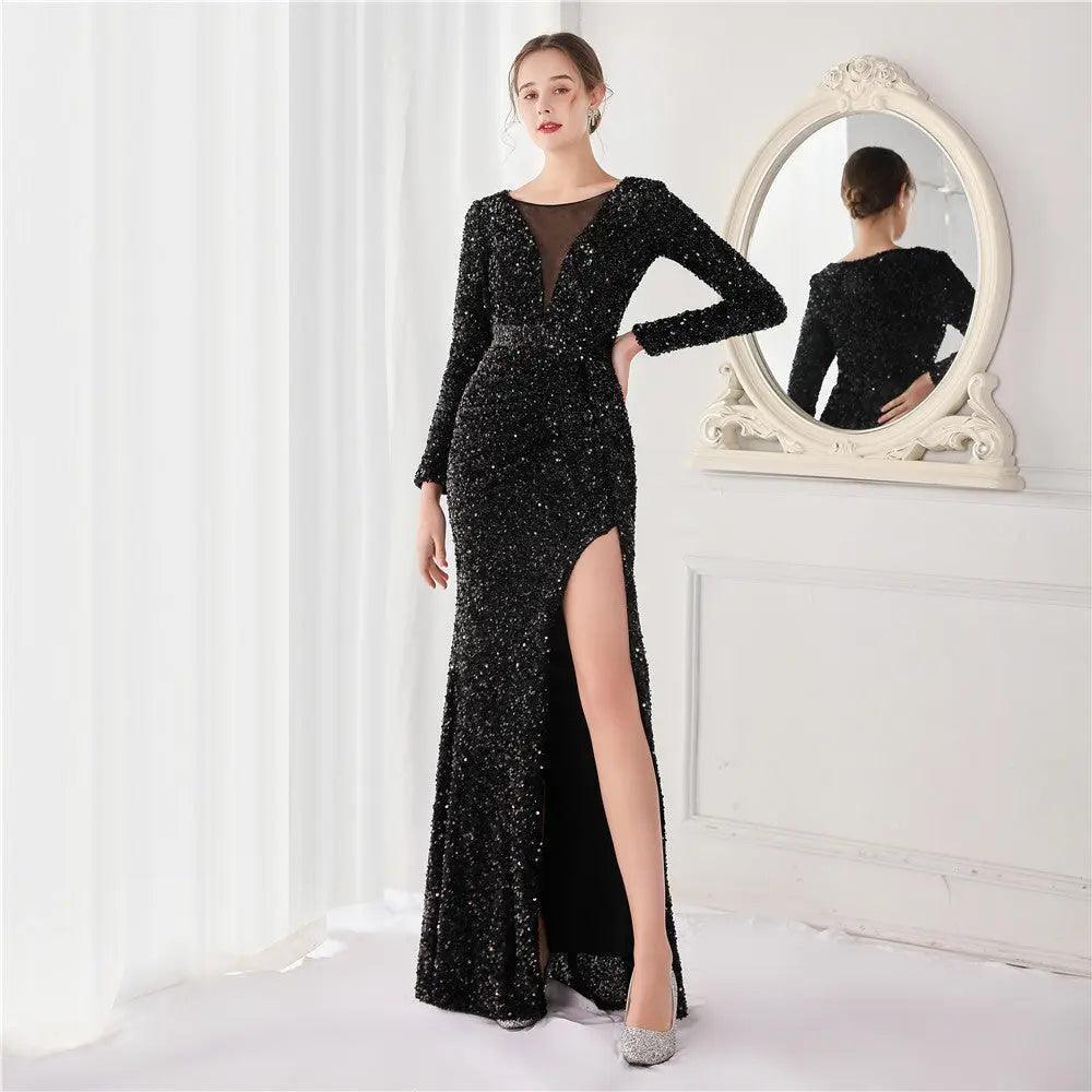 Cocktail Elegant Long Long Sleeve Sequined Atmosphere Fishtail Evening Dress - Venus Trendy Fashion Online