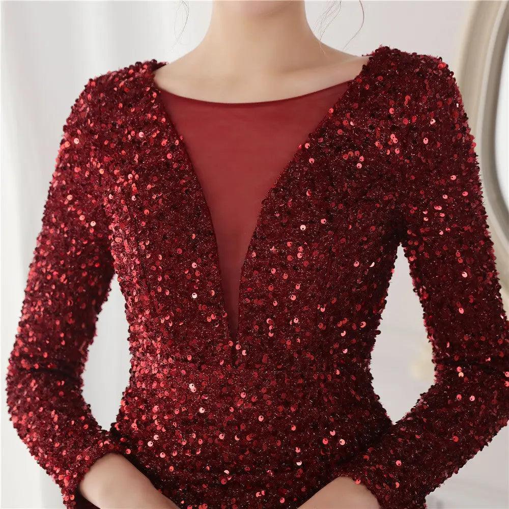 Cocktail Elegant Long Long Sleeve Sequined Atmosphere Fishtail Evening Dress - Venus Trendy Fashion Online