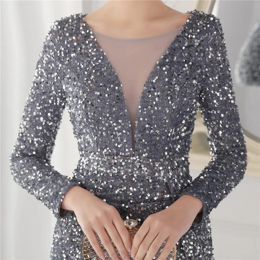 Cocktail Elegant Long Long Sleeve Sequined Atmosphere Fishtail Evening Dress - Venus Trendy Fashion Online