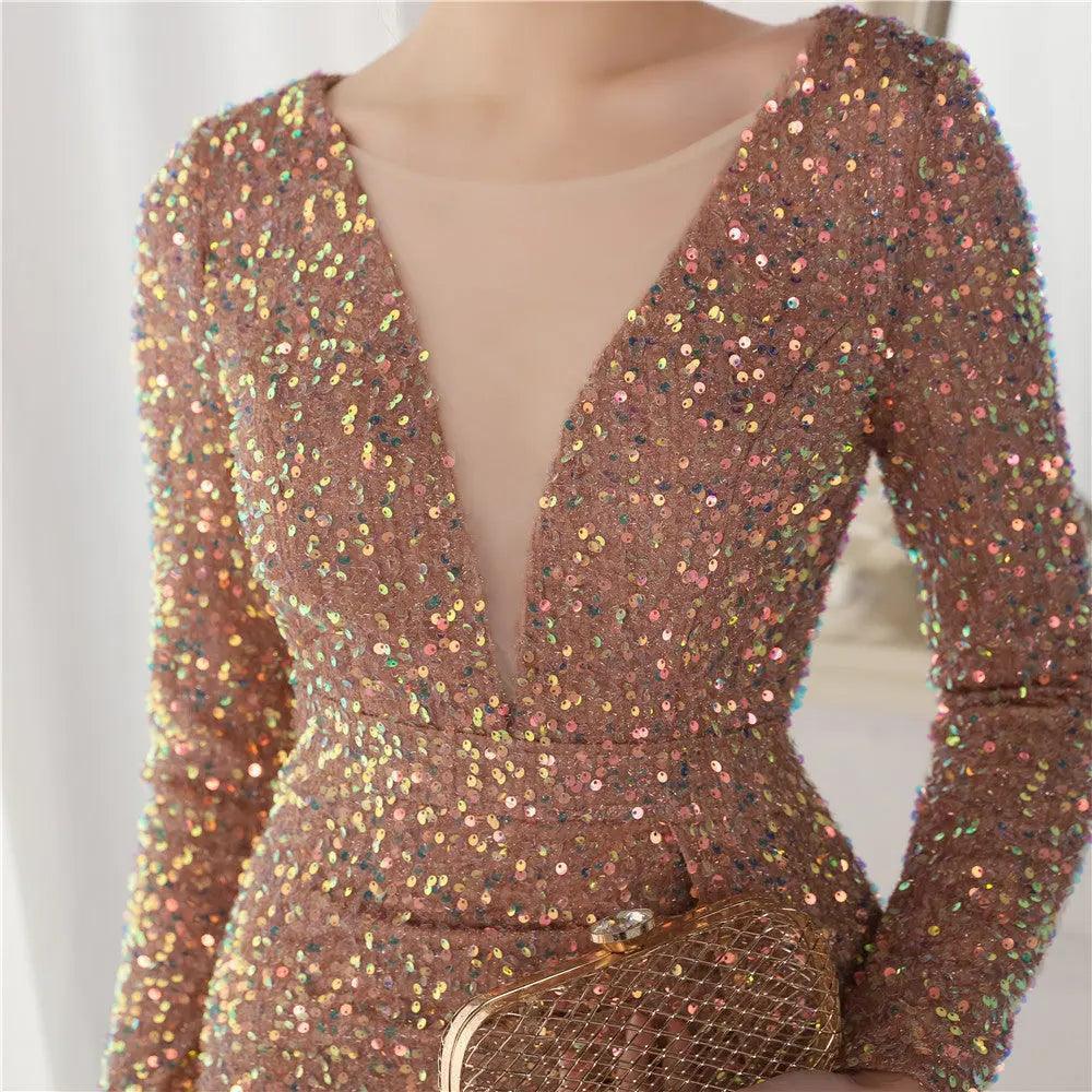 Cocktail Elegant Long Long Sleeve Sequined Atmosphere Fishtail Evening Dress - Venus Trendy Fashion Online