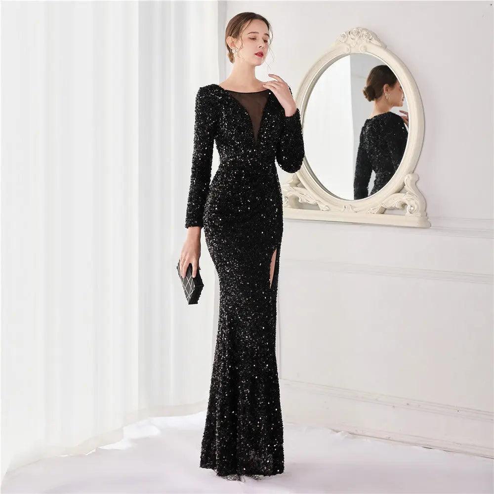 Cocktail Elegant Long Long Sleeve Sequined Atmosphere Fishtail Evening Dress - Venus Trendy Fashion Online
