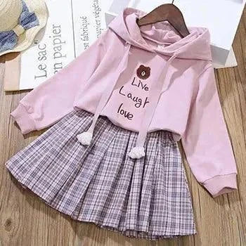 Cotton Cartoon Little Bear Hoodies + Pleated Skirt 2Pcs Suit - Venus Trendy Fashion Online