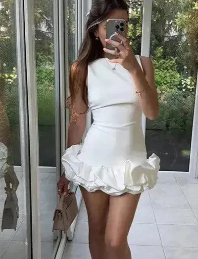 Elegant O-neck Layered Pleated Slim Fit Mini Dress - Venus Trendy Fashion Online