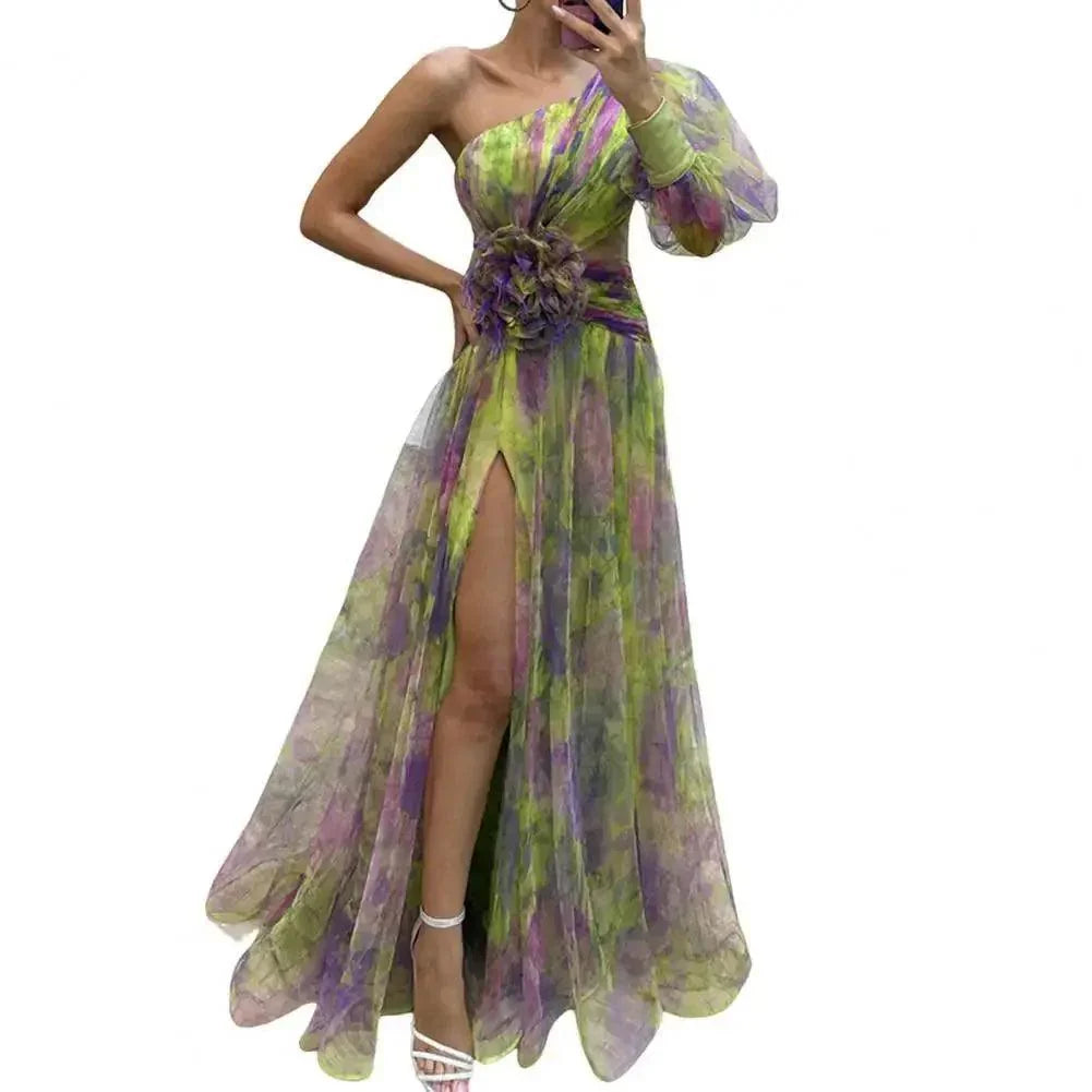 Elegant One Shoulder Tie-dye Ball Gown Evening Dress - Venus Trendy Fashion Online