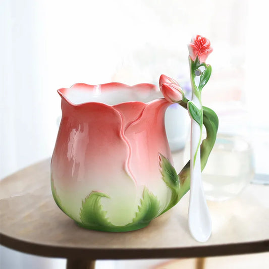 European Style 3D Rose Flower Shape Teacups Pastoral 4 Colors Breakfast Milk Cups With Spoon Venus Trendy Fashion Online